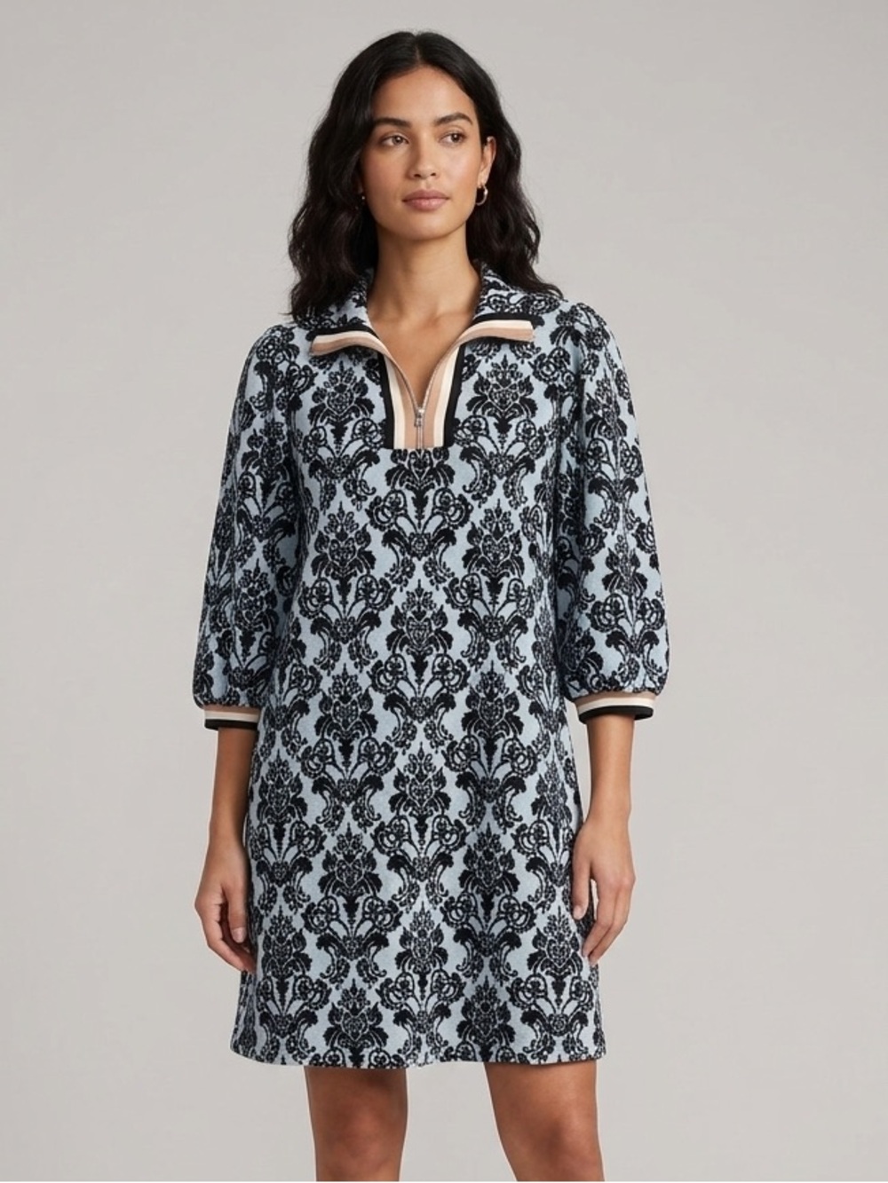 JODIFL Black and Light Gray Damask Mini Dress with Contrast Trim, Size Small